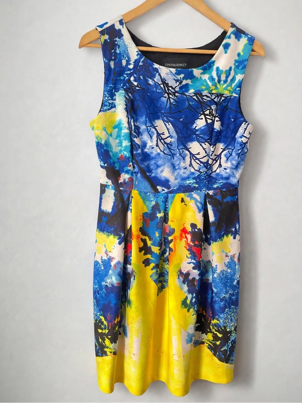 Cynthia Rowley Abstract Watercolor Scuba Dress-Blue Yellow White Print 14